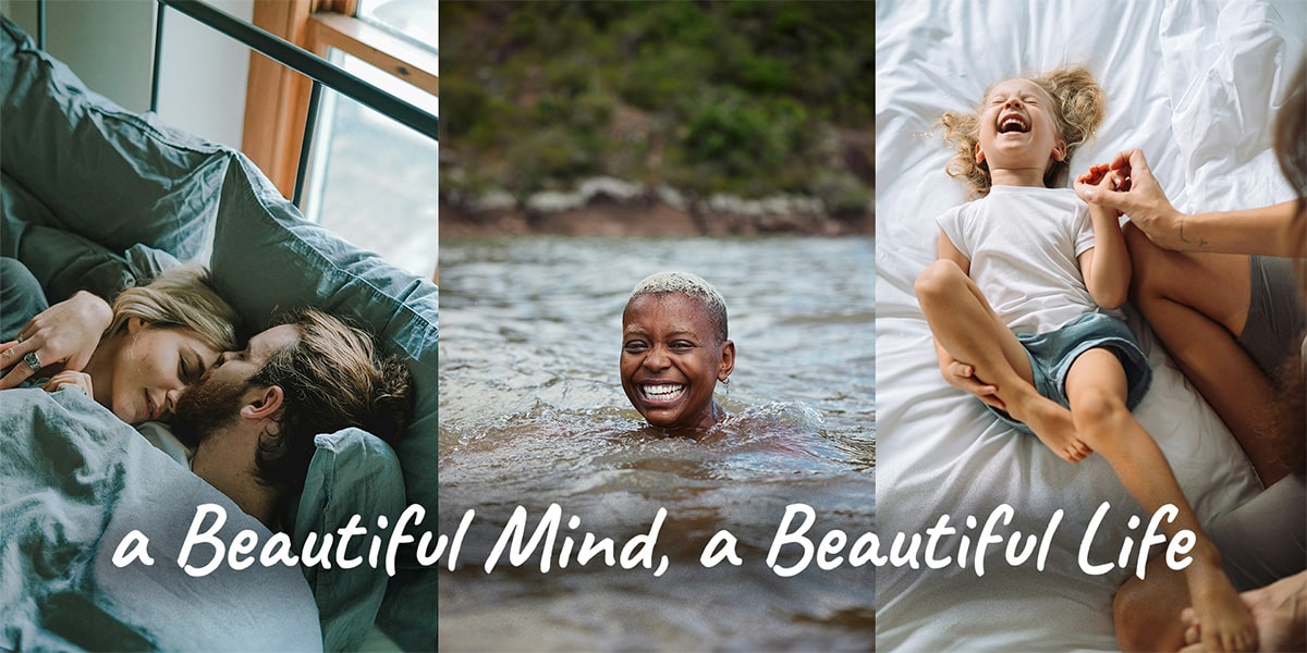 What is mind body healing? Collage of Joyful Moments: Couple Cuddling, Woman Swimming, Child Laughing - Ally and Your Alternative to Traditional Therapy