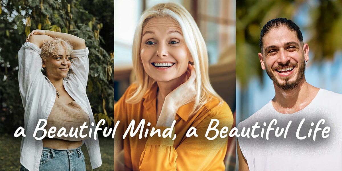 Collage of a middle-aged woman, elderly woman, and middle-aged man, all smiling and radiating happiness, with the slogan 'A Beautiful Mind, A Beautiful Life.' Showcasing the benefits of alternative therapy for headache relief, including guided meditation and self-help through relaxation techniques and self-hypnosis for migraines.
