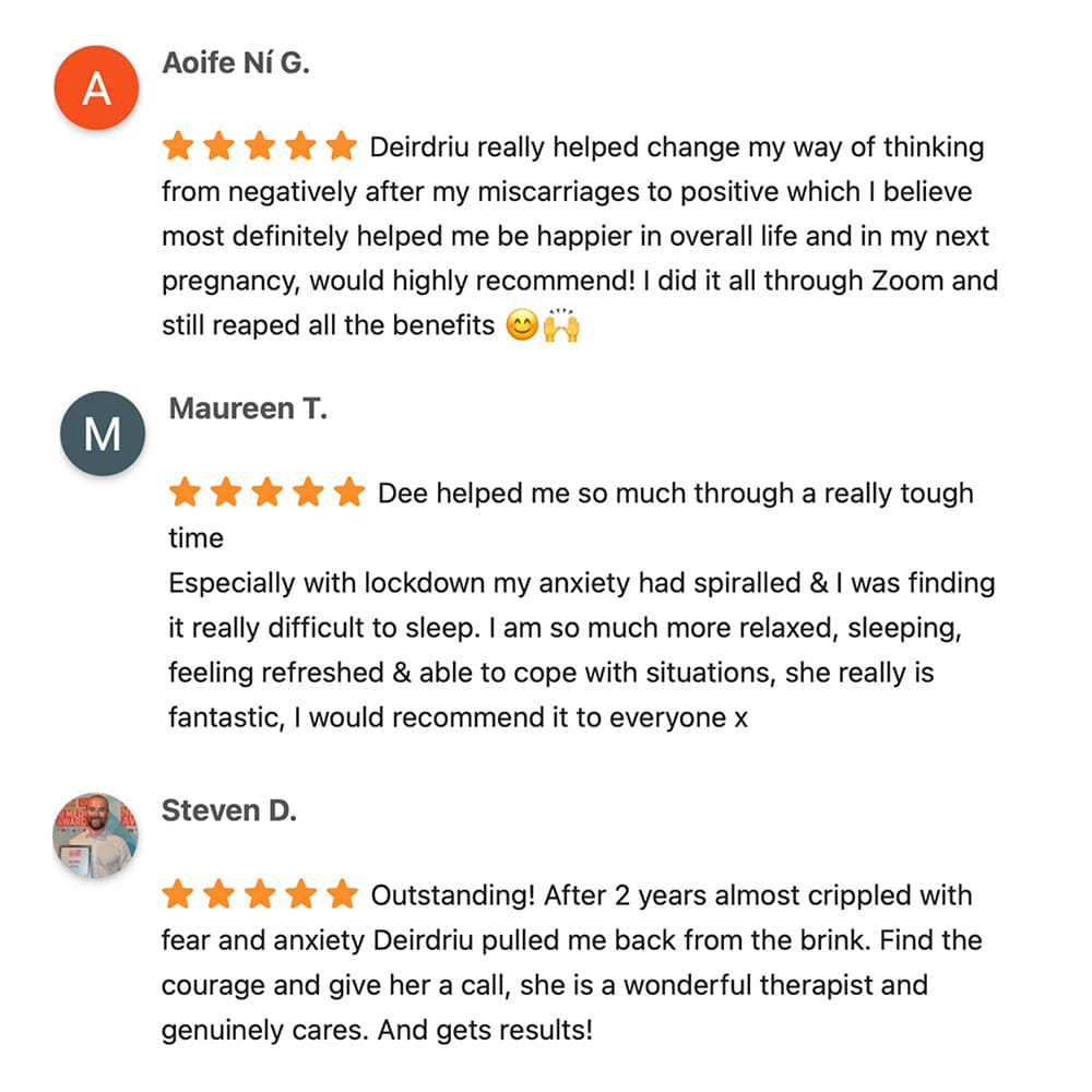 hypnotherapy-for-maternal-health-anxiety-reviews-deirdriu-murray Five-star client reviews for hypnotherapy for maternal health anxiety with therapist Deirdriu Murray.