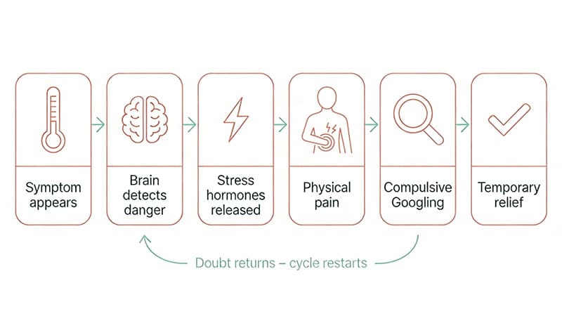 The Maternal Health Anxiety Cycle: Panic When Your Child Gets Sick Diagram illustrating the spiral of maternal health anxiety: A child's symptom appears, triggering the mother's brain to detect danger. Stress hormones are released causing the mother to feel physical pain. This leads to compulsive Googling of the child's symptoms for temporary relief, before doubt returns and the cycle restarts.