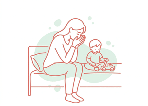 Worried mother sitting on a bed with her small child playing beside her, illustrating maternal health anxiety