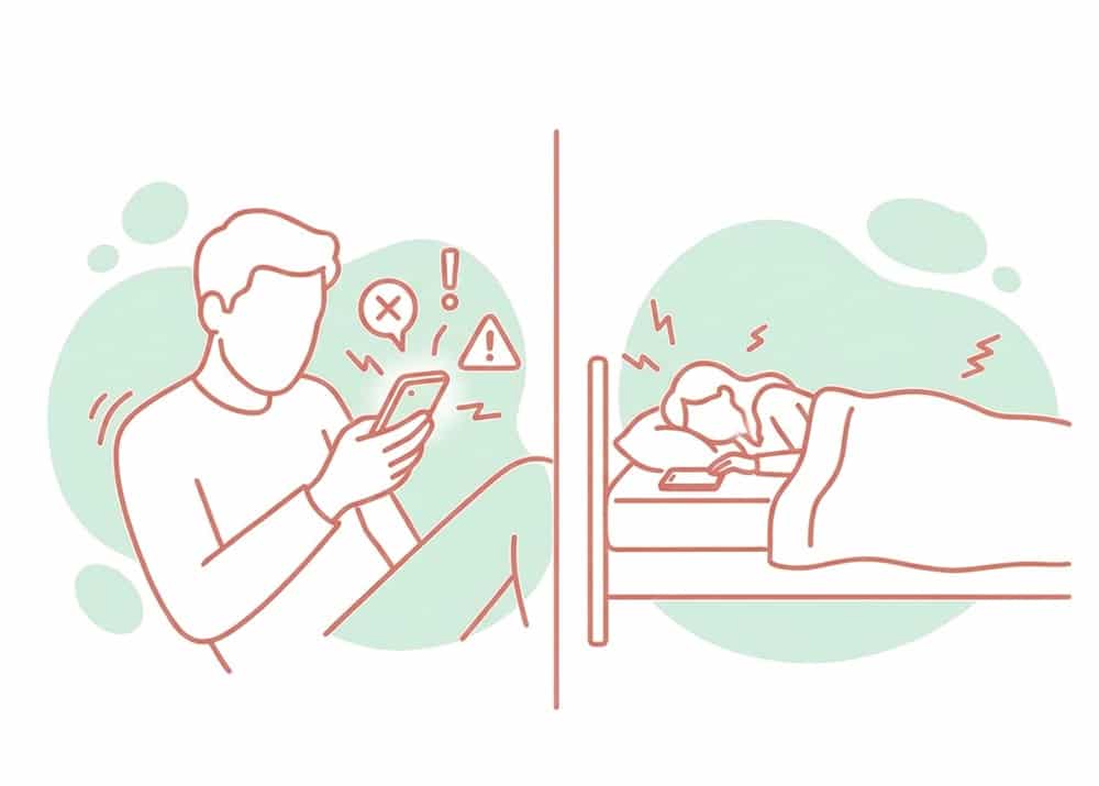 How to Stop Doomscrolling and Bed Rotting When You’re Anxious – Ally can help with specialized Hypnotherapy online Anxious man doomscrolling on his phone while a woman lies in bed rotting and scrolling, illustration on how to stop doomscrolling and bed rotting with gentle hypnotherapy support by Ally at Alternative‑Therapy.Online
